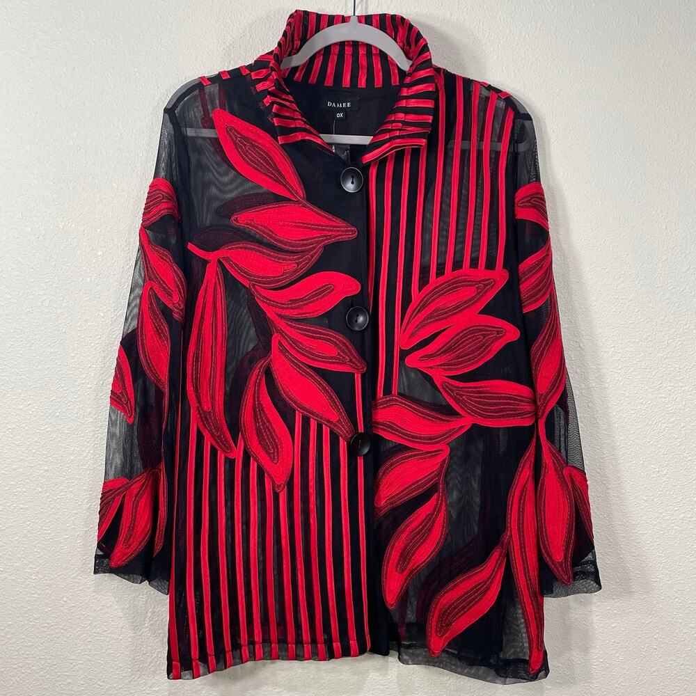 Damee Red Black Stripe Leaves Sheer Mesh Jacket Artsy Art to Wear Whimsigoth 0X